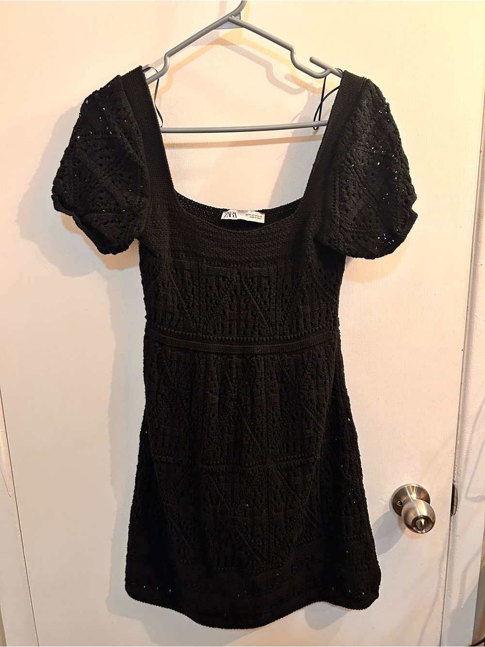Zara Black Crochet Puff-Sleeve Mini Dress